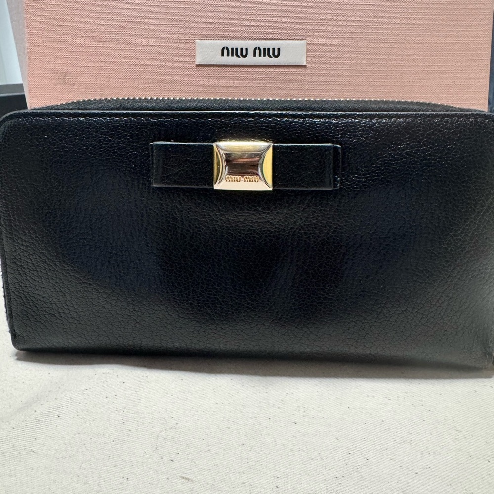 Miu Miu Black Leather Zip Wallet with Gold Bow Accent